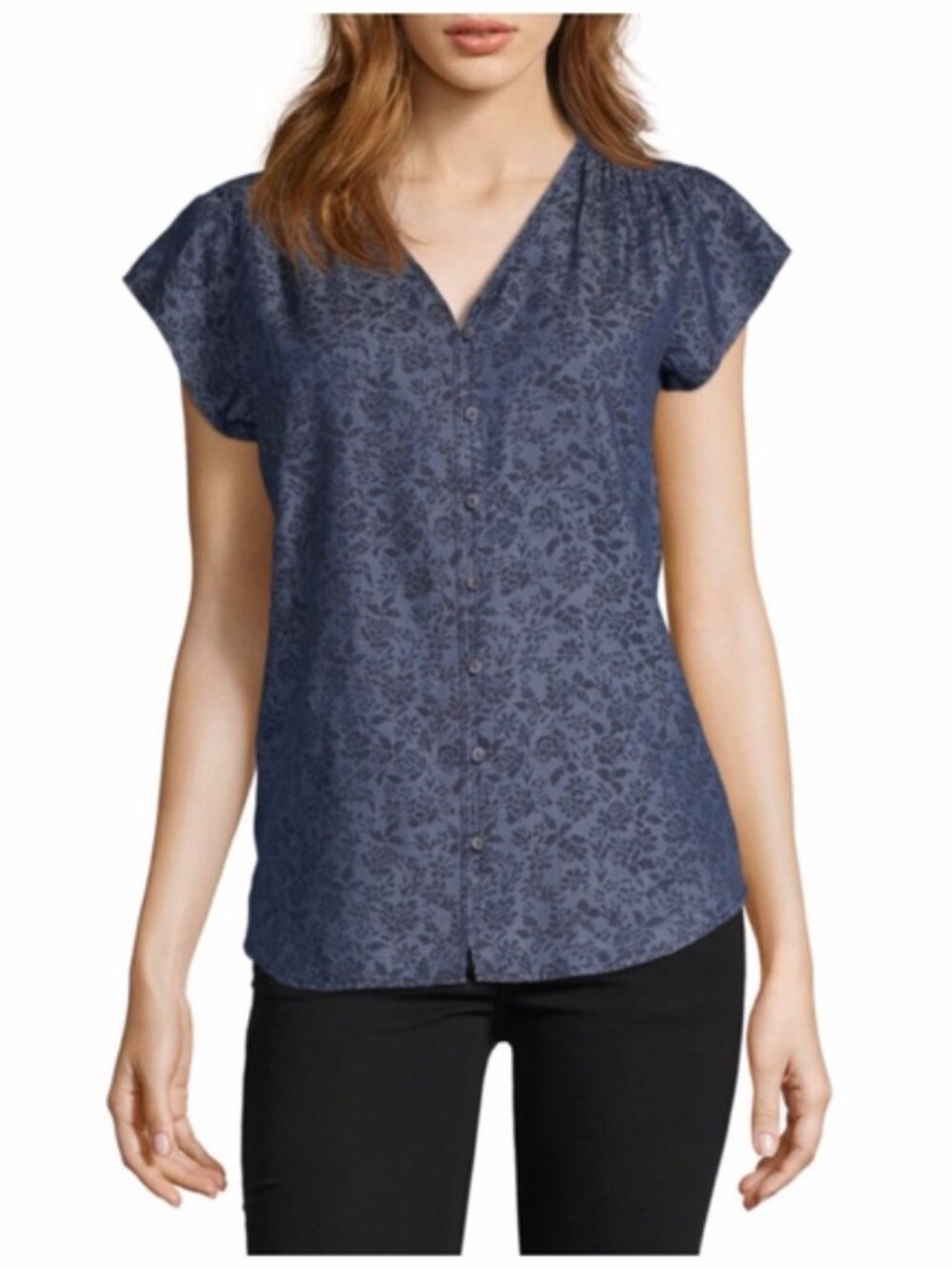Liz Claiborne V-neck Button Up Floral Print Denim Blouse Size Medium